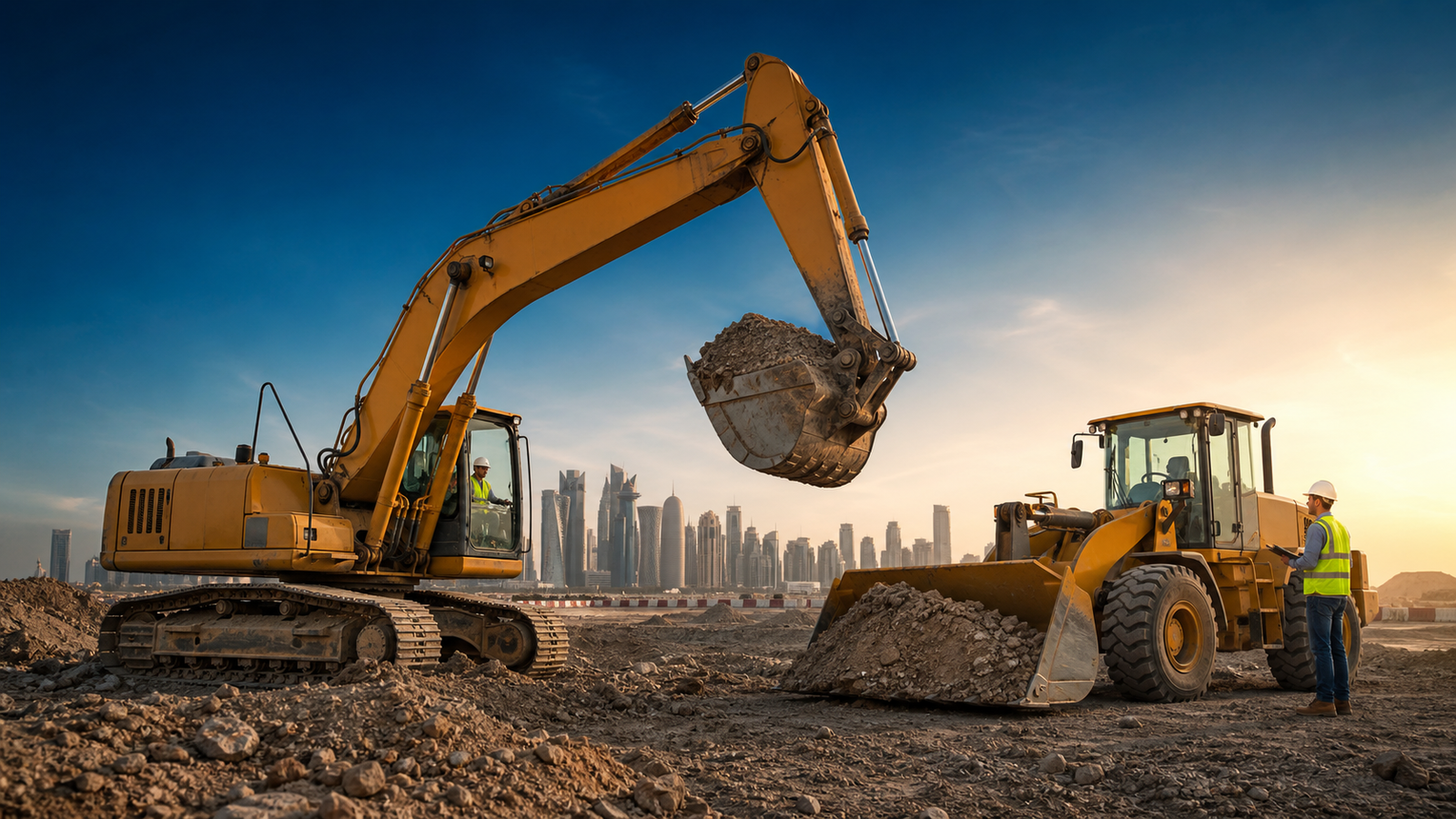 Heavy construction equipment operating on an infrastructure site
